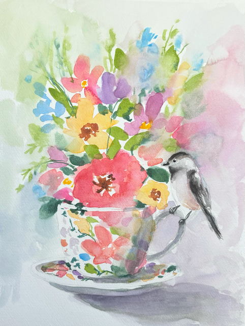 Teacup and Chickadee - Watercolour