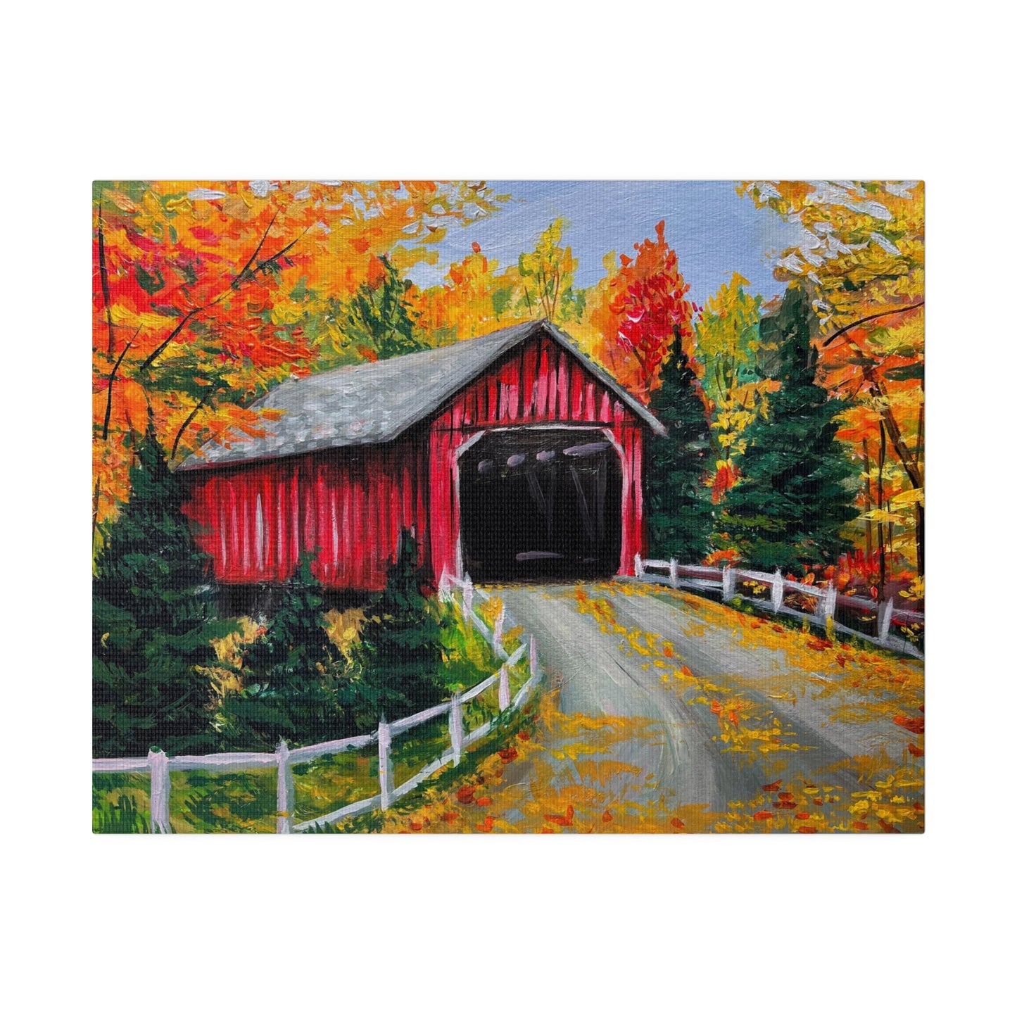 Red Covered Bridge in Autumn | Matte Canvas, Stretched