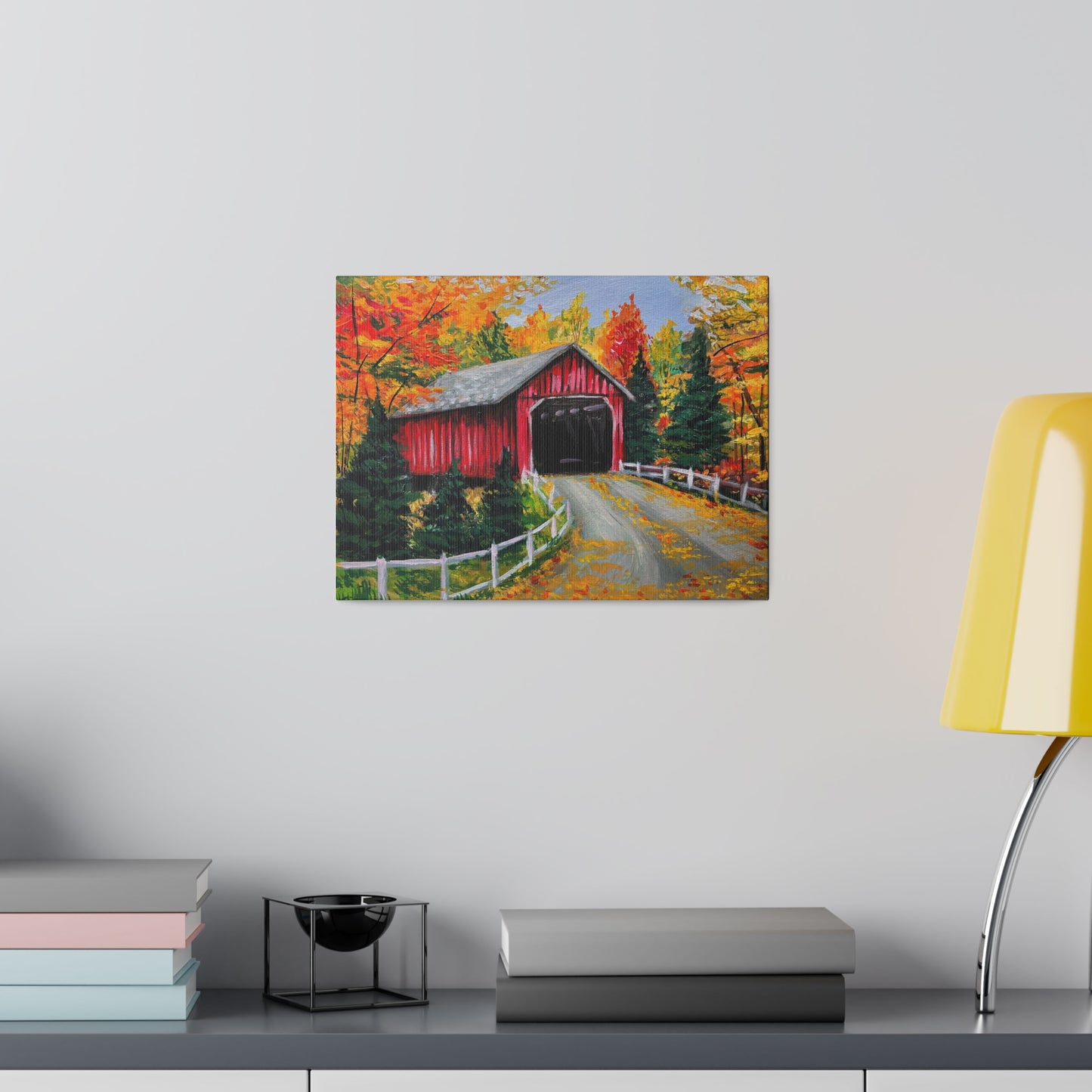 Red Covered Bridge in Autumn | Matte Canvas, Stretched