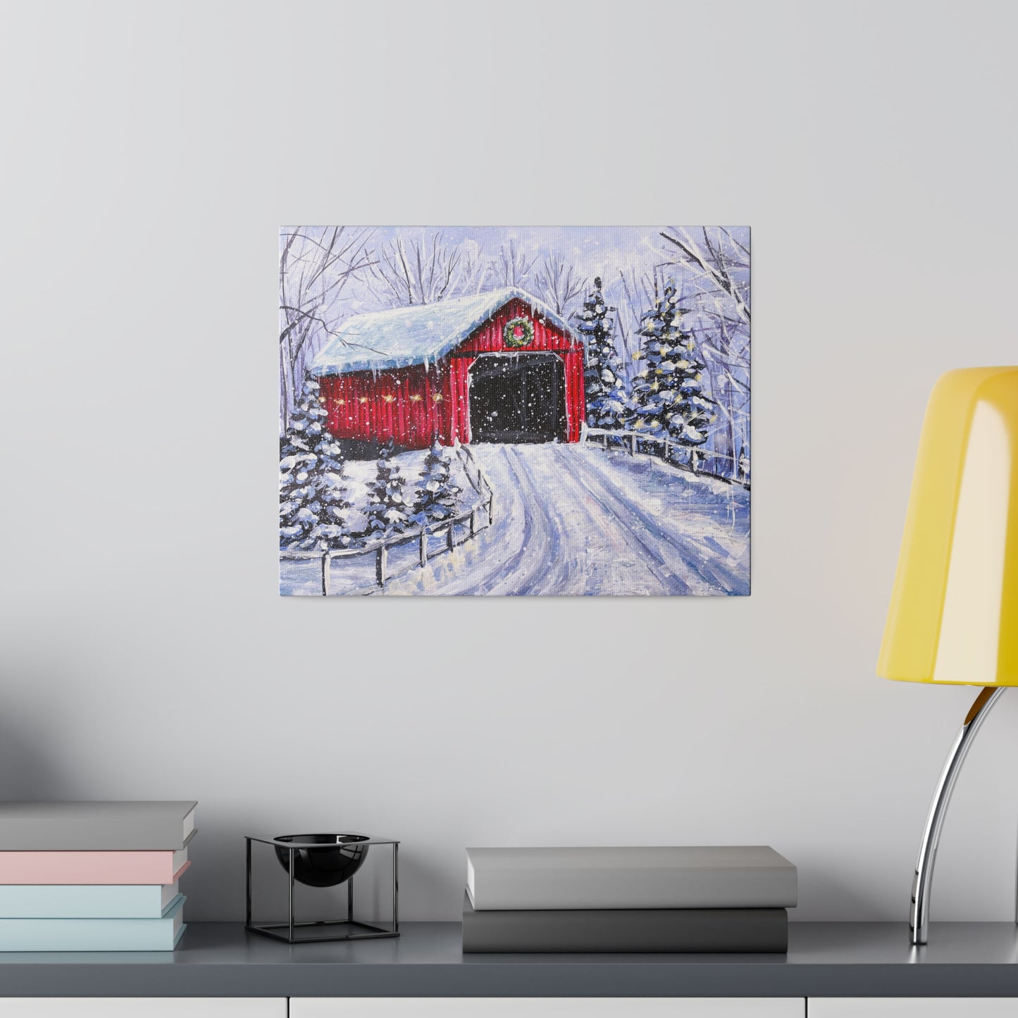Red Covered Bridge in Winter | Matte Canvas, Stretched
