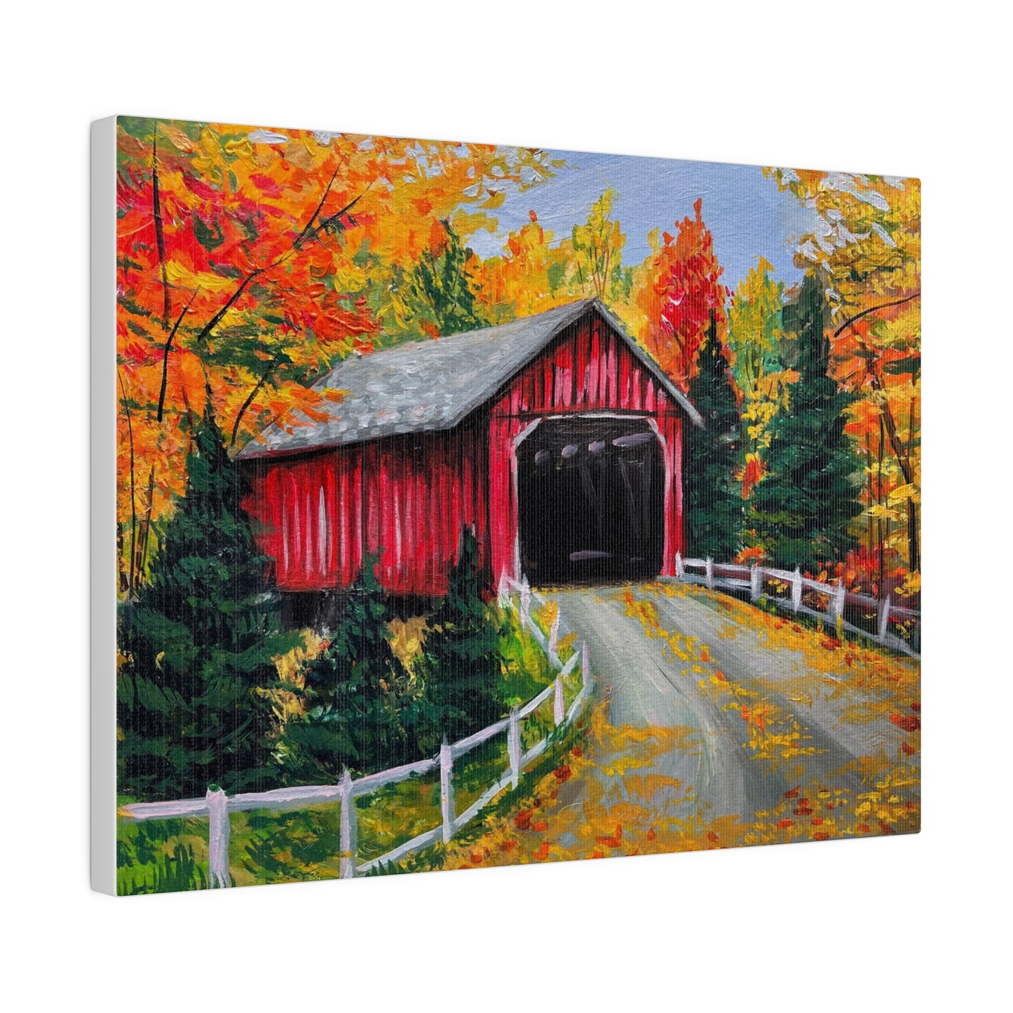 Red Covered Bridge in Autumn | Matte Canvas, Stretched