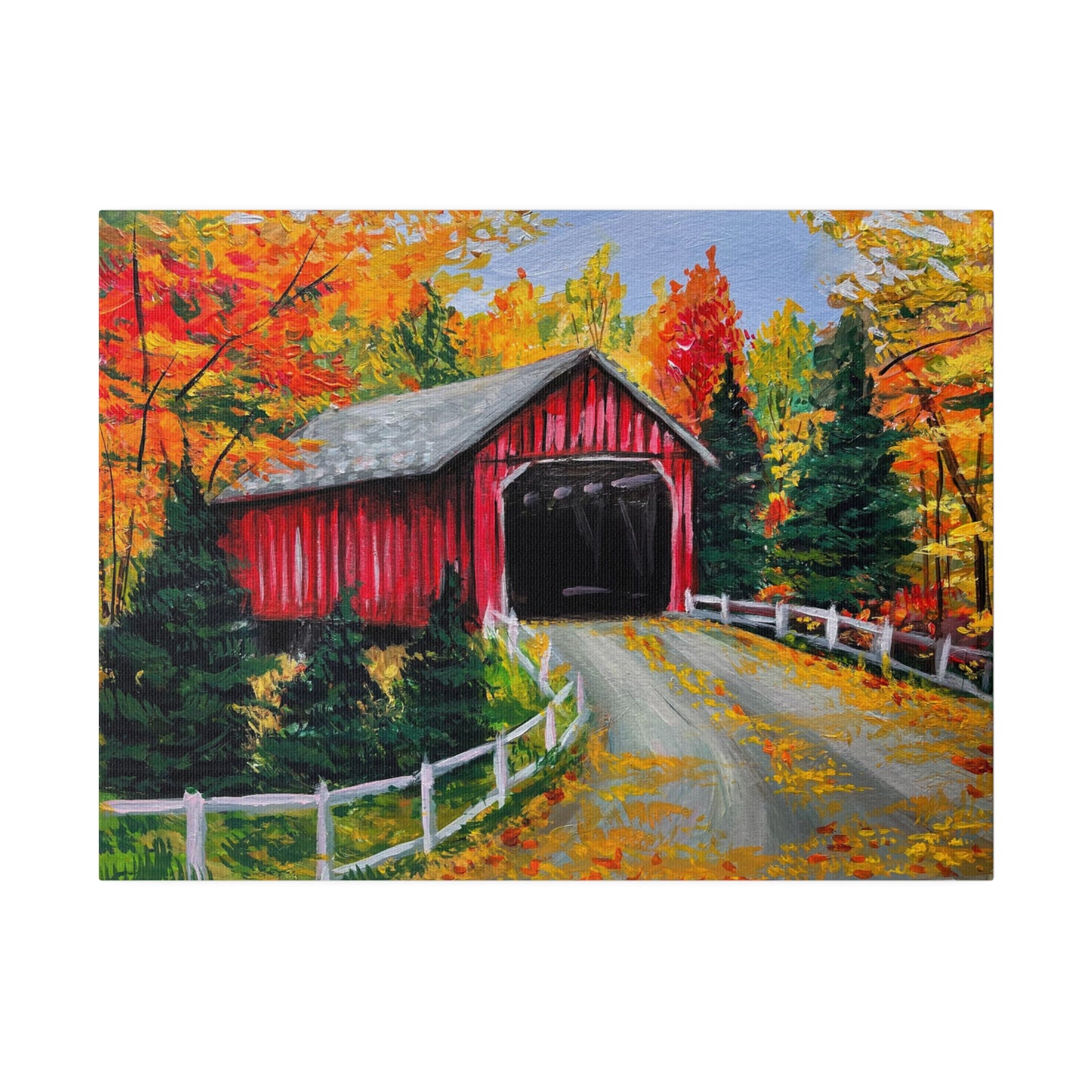 Red Covered Bridge in Autumn | Matte Canvas, Stretched