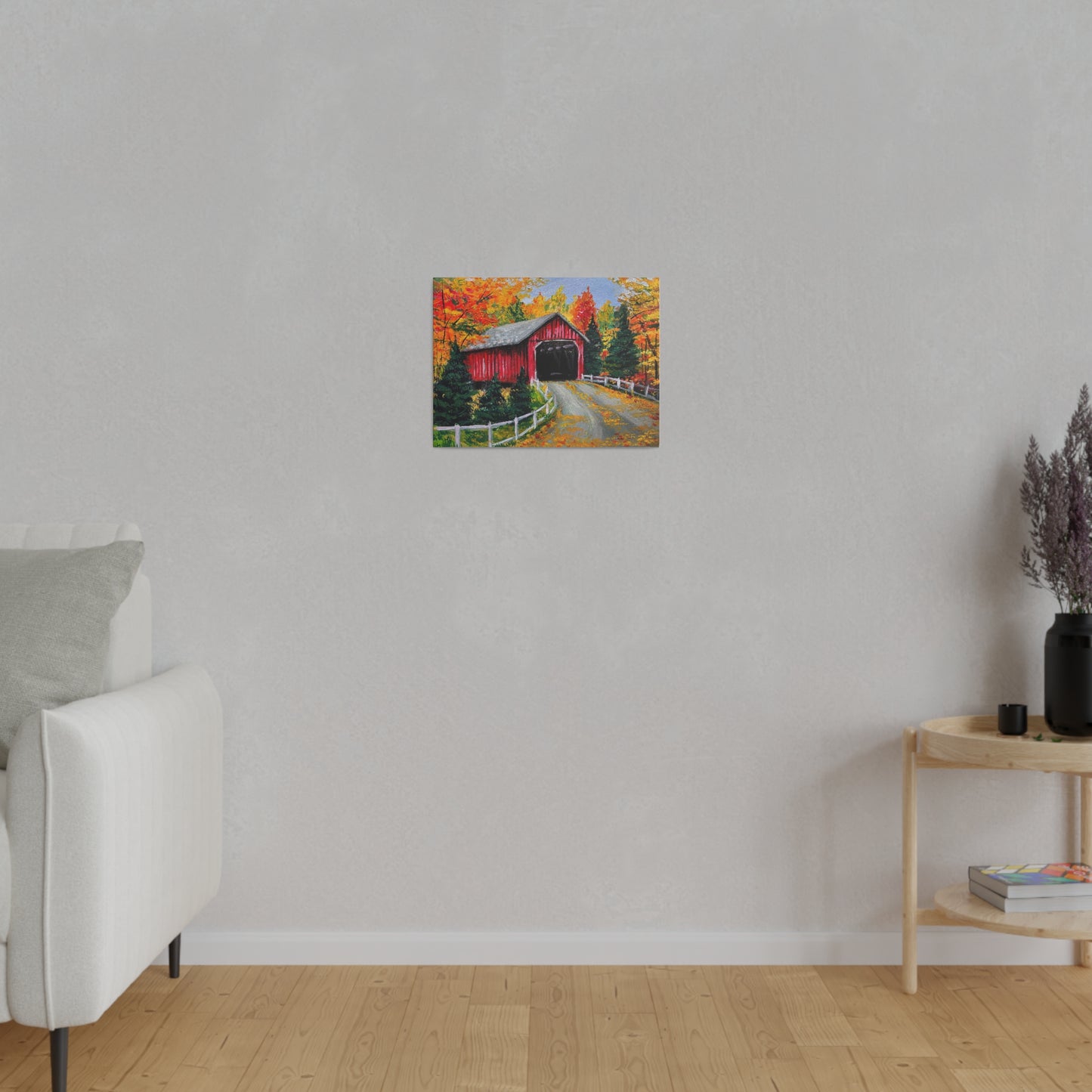 Red Covered Bridge in Autumn | Matte Canvas, Stretched
