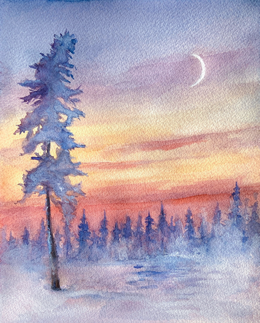 Watercolour Washy Winter Landscape