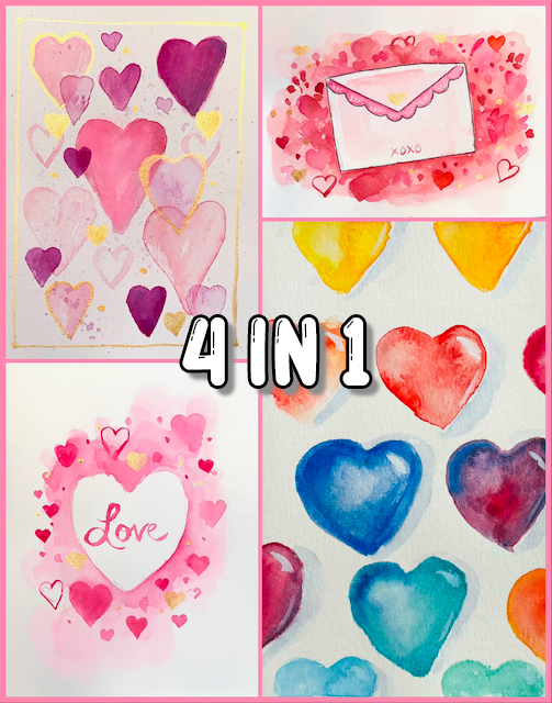 4 Valentine's Cards - Watercolour