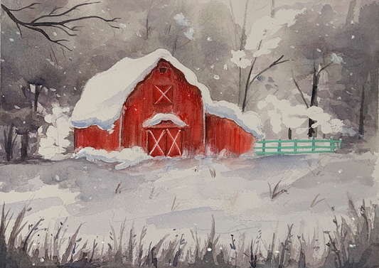 Watercolour Winter Barn