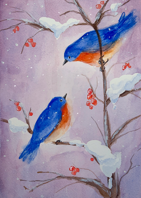 Watercolour Winter Bluebirds