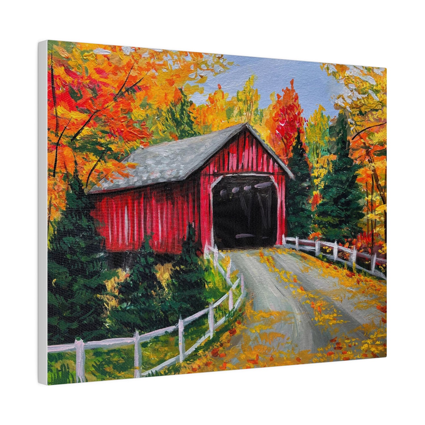 Red Covered Bridge in Autumn | Matte Canvas, Stretched
