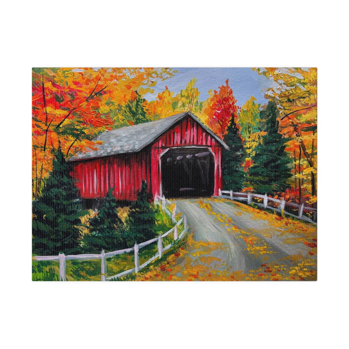 Red Covered Bridge in Autumn | Matte Canvas, Stretched