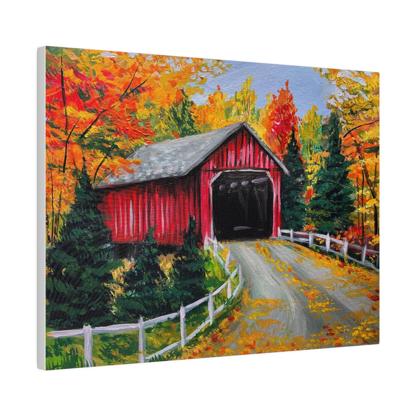 Red Covered Bridge in Autumn | Matte Canvas, Stretched