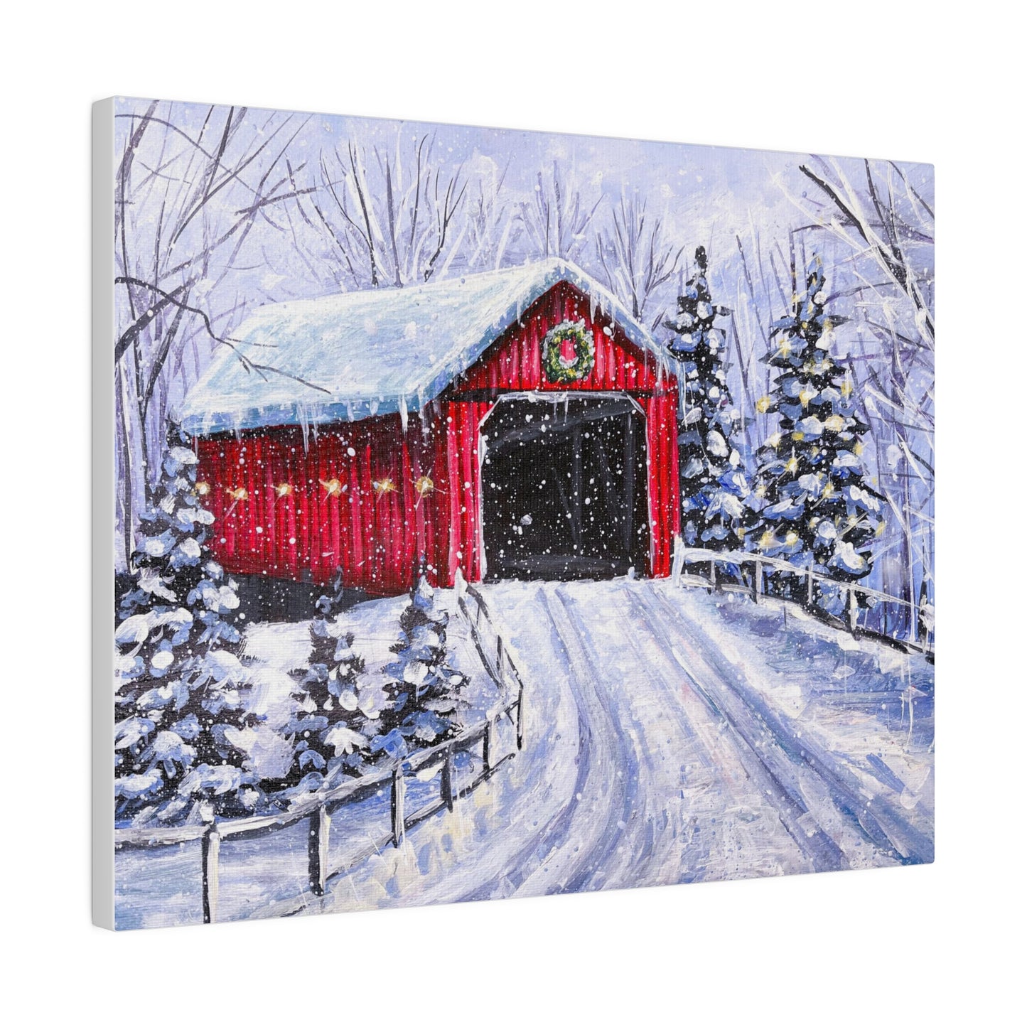 Red Covered Bridge in Winter | Matte Canvas, Stretched