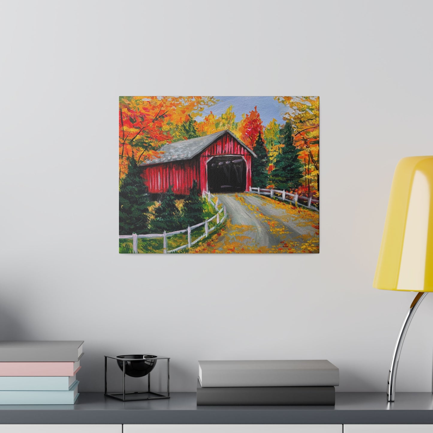 Red Covered Bridge in Autumn | Matte Canvas, Stretched